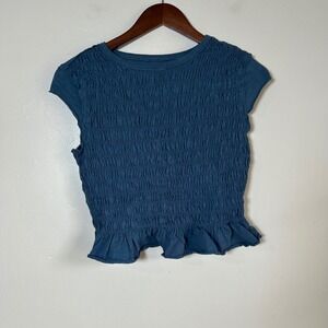Unbranded Smocked Peplum Top Womens Medium Blue Cap Sleeve Ruffle Hem Ruched